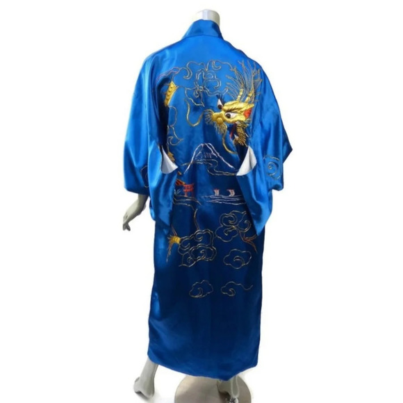 Vtg Cobalt Blue Satin Sea Serpent Landscape Embroidered Kimono Fully Lined - Picture 8 of 12